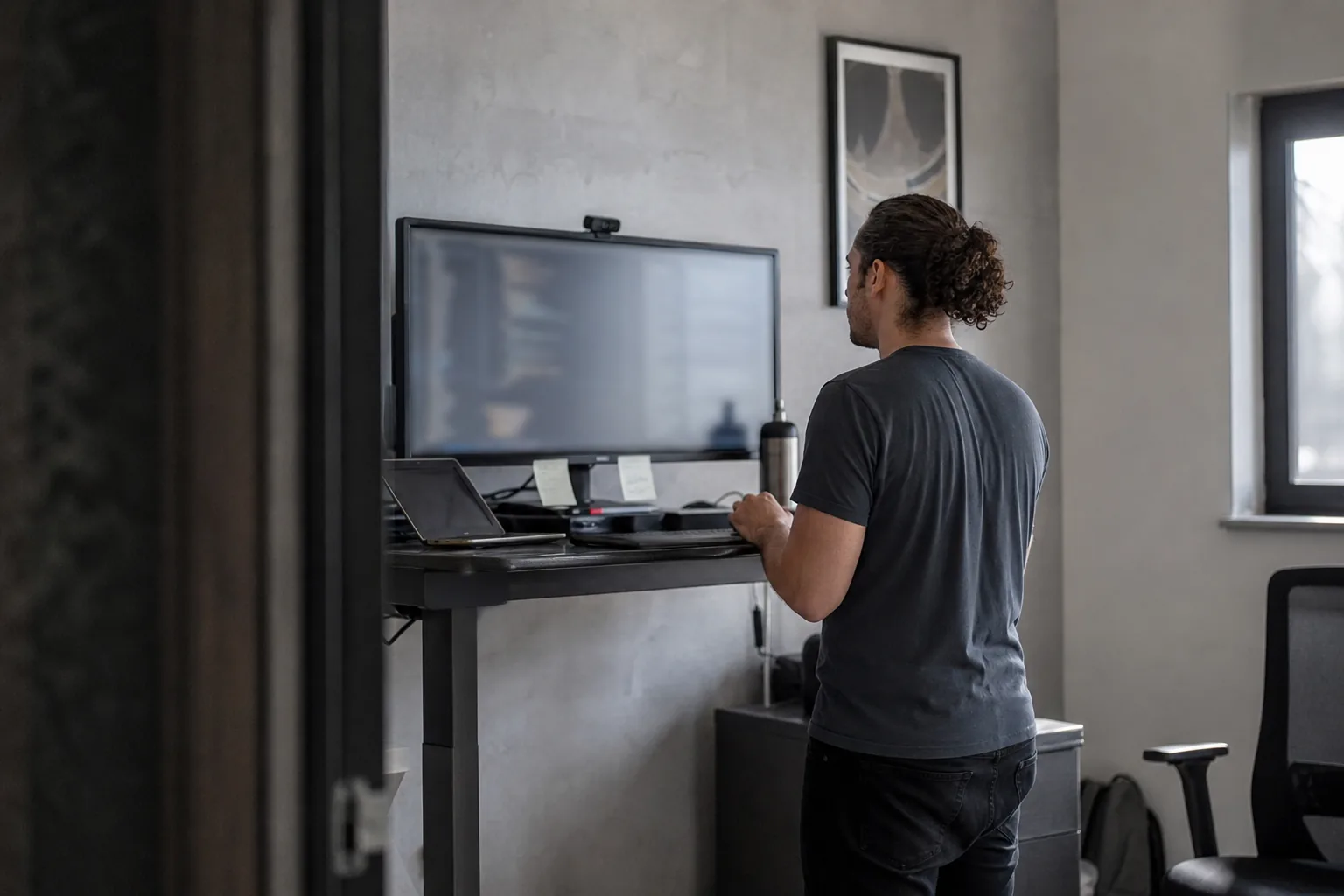 Developer at a standing desk with a blurred terminal in a minimal grey office