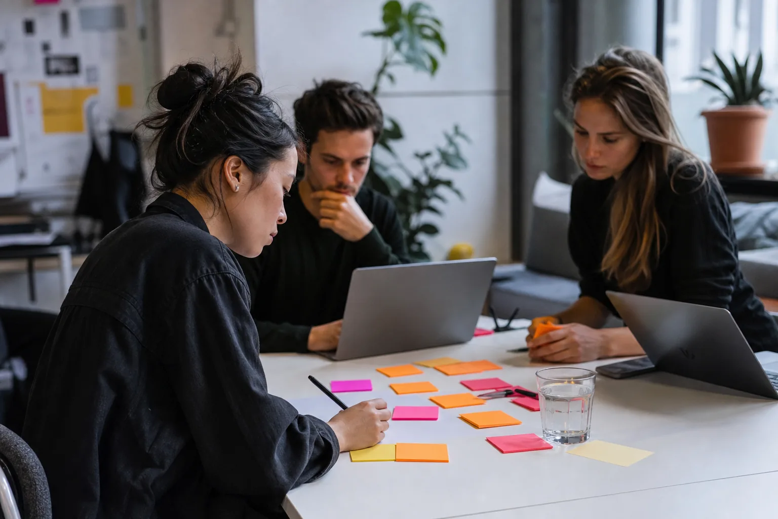 Marketing team around a table with laptops planning the name of a new brand