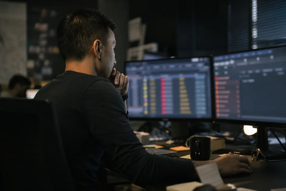 Brand protection specialist watching alert dashboards on two monitors