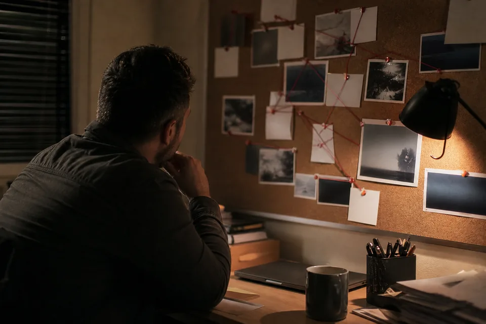 Analyst at a desk reviewing a grid of profile results on a laptop