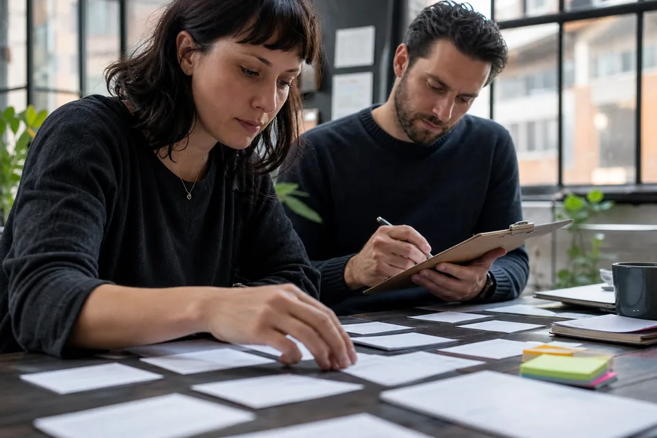 Two agency strategists sorting a stack of printed brand name candidates on a meeting table