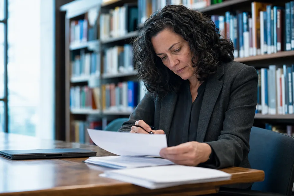 Researcher reviewing printed policy documents at a library table