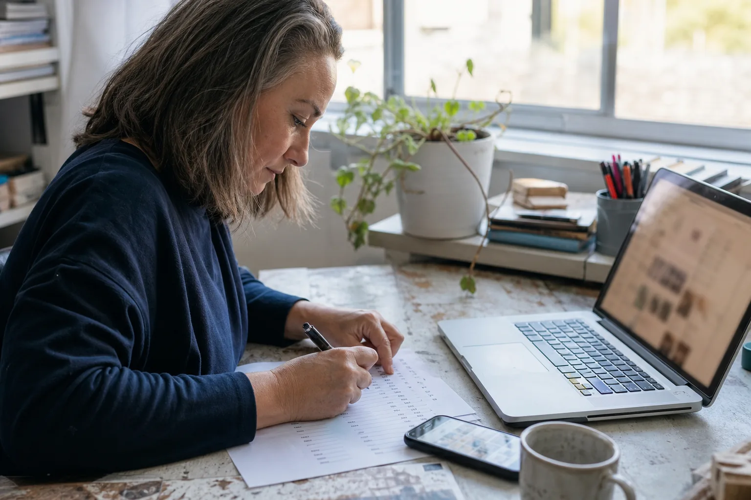 Adult community manager reviewing printed profile notes at a desk in a bright office