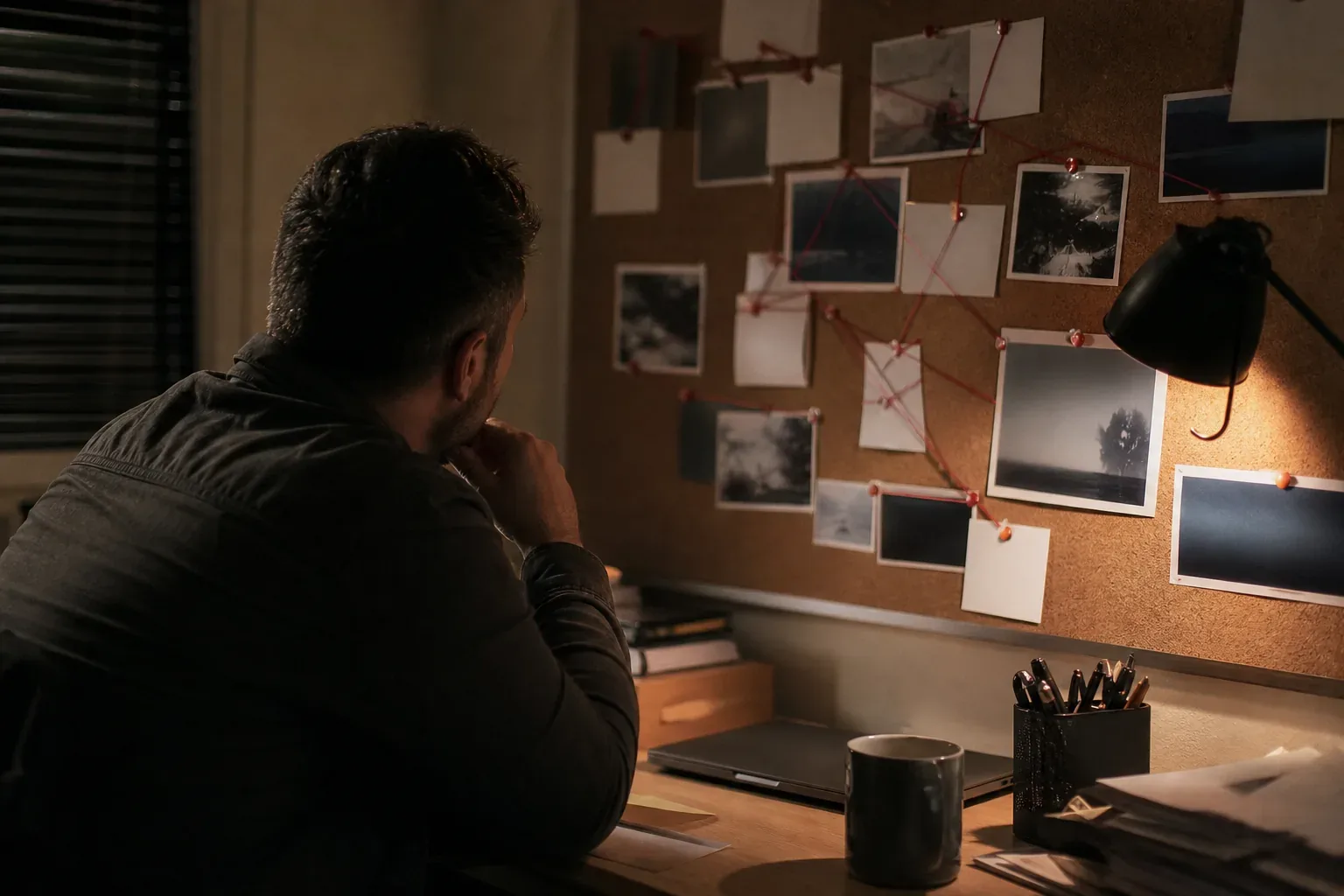 Investigator at a desk in front of a cork board of pinned cards connected by string