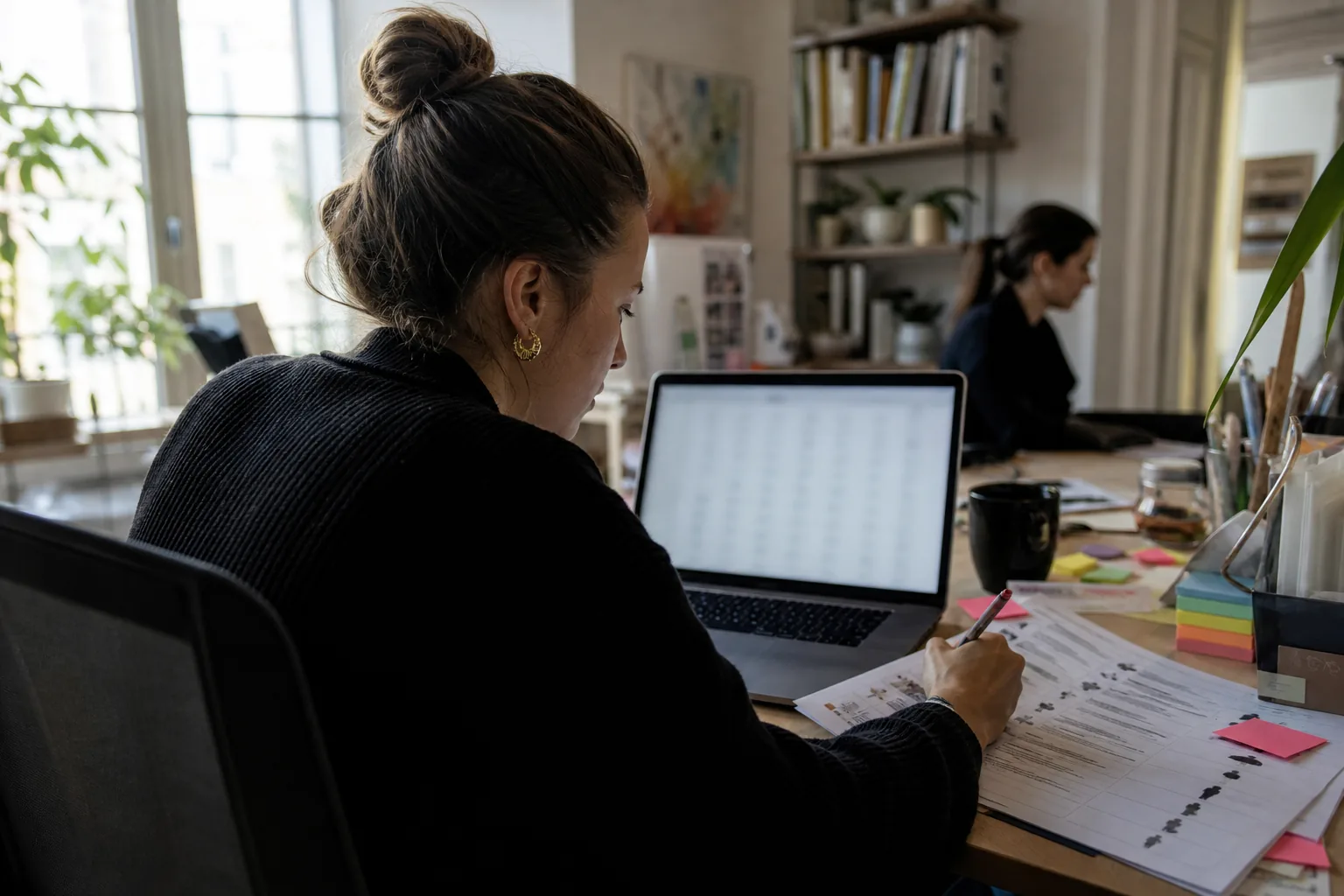 Social media manager comparing handle search results on a laptop beside a printed brand name shortlist