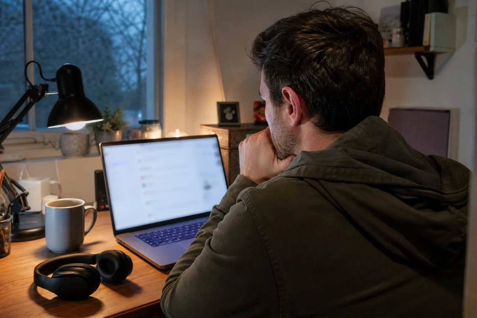 Community moderator working on a laptop in a quiet home office