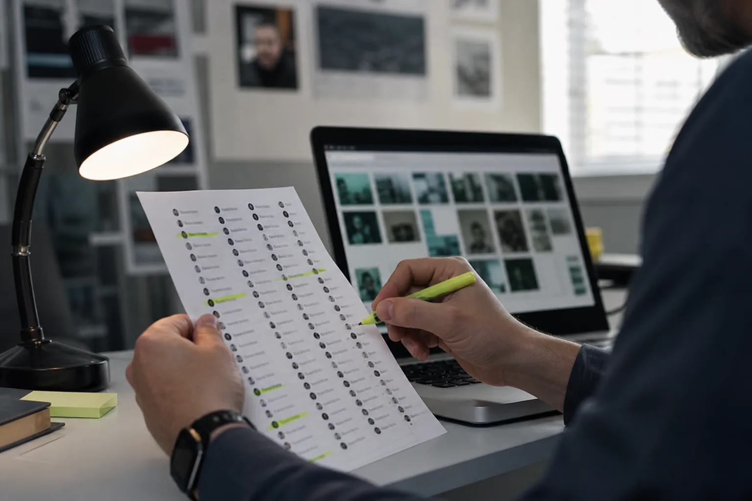 Investigator comparing a printed list of usernames with a laptop showing search results