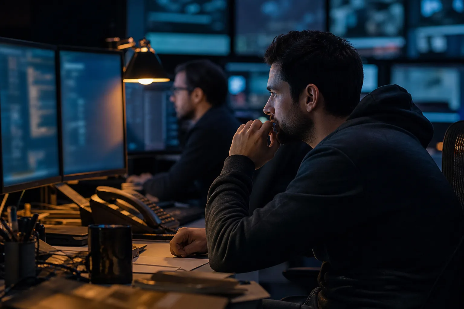 Two people at a wall of screens in a dark security operations room with one warm orange light