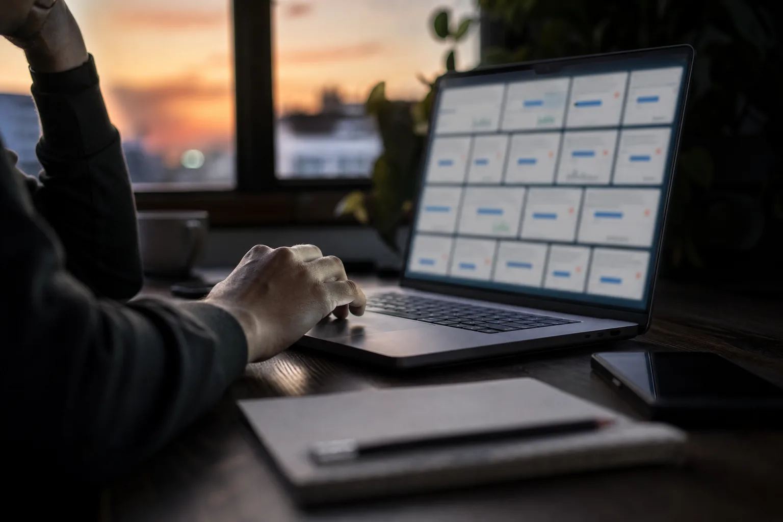 Laptop on a desk at dusk with search results filling the screen